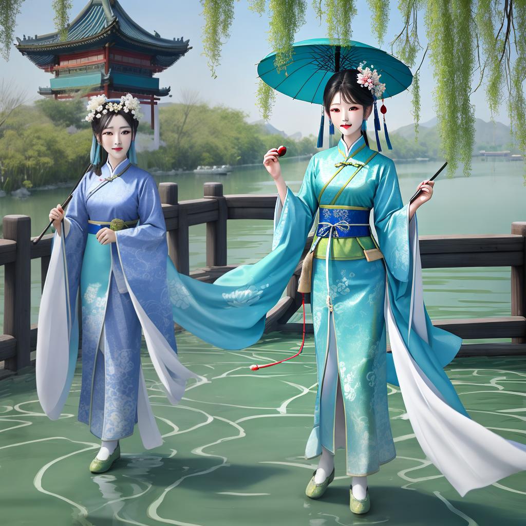  Chinese Song Dynasty ancient costume beauty, holding a small flower umbrella on the West Lake bridge, green water lotus, blue waves rippling, surrounded by weeping willows floating