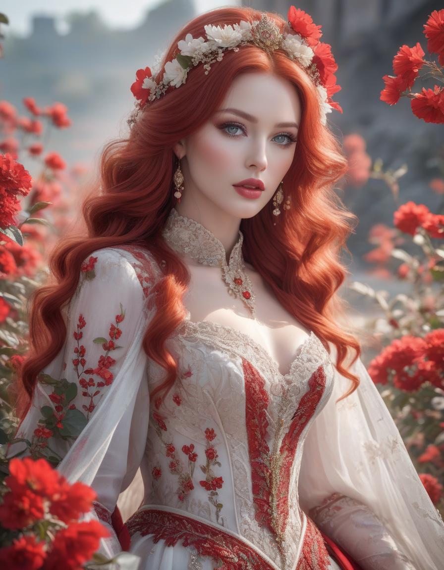  hyperrealistic art The best AI image of an exquisitely beautiful woman with beautiful eyes and beautiful mouth and milky white skin, she has flowing red tresses decorated with red and white flowers and is wearing an insanely beautiful and detailed dress, bold pastel colours . extremely high resolution details, photographic, realism pushed to extreme, fine texture, incredibly lifelike hyperrealistic, full body, detailed clothing, highly detailed, cinematic lighting, stunningly beautiful, intricate, sharp focus, f/1. 8, 85mm, (centered image composition), (professionally color graded), ((bright soft diffused light)), volumetric fog, trending on instagram, trending on tumblr, HDR 4K, 8K