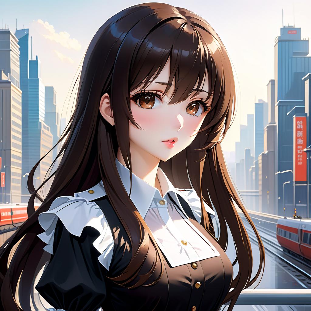  anime artwork beautiful , , oblique bangs, a mole under the lower lip in the middle of the chin. white skinned, European, brown eyes, long brown straight hair, side bangs, mole under the lower lip, slender figure, small neat s, dressed in a black dress with a white collar and white cuffs, full length, against the backdrop of a modern city. Skyscrs of Moscow City (photorealism, oil painting: 1.3), (full length shot: 1.3), charming , long flowing black hair, (large sensual mouth: 1.2), plump lips, sparkling brown eyes , narrow waist, (sensual drawing: 1.2), silvery glow, ethereal aura, detailed brushwork, intricate shadows and highlights, mysterious and captivating expression, unique color palette, masterf hyperrealistic, full body, detailed clothing, highly detailed, cinematic lighting, stunningly beautiful, intricate, sharp focus, f/1. 8, 85mm, (centered image composition), (professionally color graded), ((bright soft diffused light)), volumetric fog, trending on instagram, trending on tumblr, HDR 4K, 8K