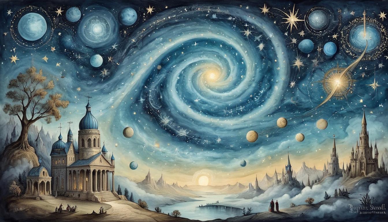  on parchment, surrealism+++, Galaxy of intellect, teeming with stars, ideas sparkling bright, boundless, radiant(mysterious, provocative, symbolic,muted color)+++