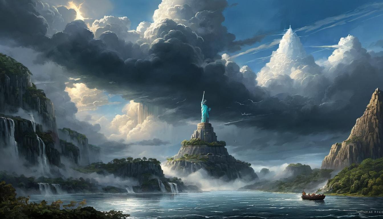  digital painting of Nimrod with an outstretched hand pointing towards the heavens, tower in the background, populace gathered around, faces filled with awe and trepidation, stormy skies, protective, visionary looking at viewer, dynamic pose, (intricate details, masterpiece, best quality)