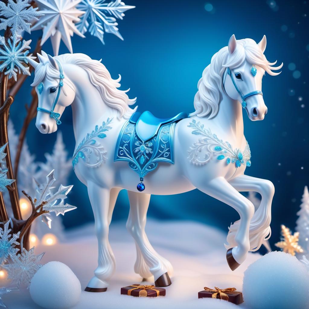  ethereal fantasy concept art of Digital image (double exposure). A carousel of ice ponies. Manes of thin openwork snowflakes. Sparkling, sparkling blue neon. Shades of white to blue. (Christmas decor: candy, caramel, wreath, poisettia). Unusual designs, sparkling surfaces. Lots of snowflakes. White snow. Silver filigree, pattern. Stylisation, decorative. Background : surrealist abstraction. Stylistics : fantasy, fairy tale, Soviet animation. High quality. Translated with DeepL.com (free version) . magnificent, celestial, ethereal, painterly, epic, majestic, magical, fantasy art, cover art, dreamy, hkmagic hyperrealistic, full body, detailed clothing, highly detailed, cinematic lighting, stunningly beautiful, intricate, sharp focus, f/1. 8, 85mm, (centered image composition), (professionally color graded), ((bright soft diffused light)), volumetric fog, trending on instagram, trending on tumblr, HDR 4K, 8K