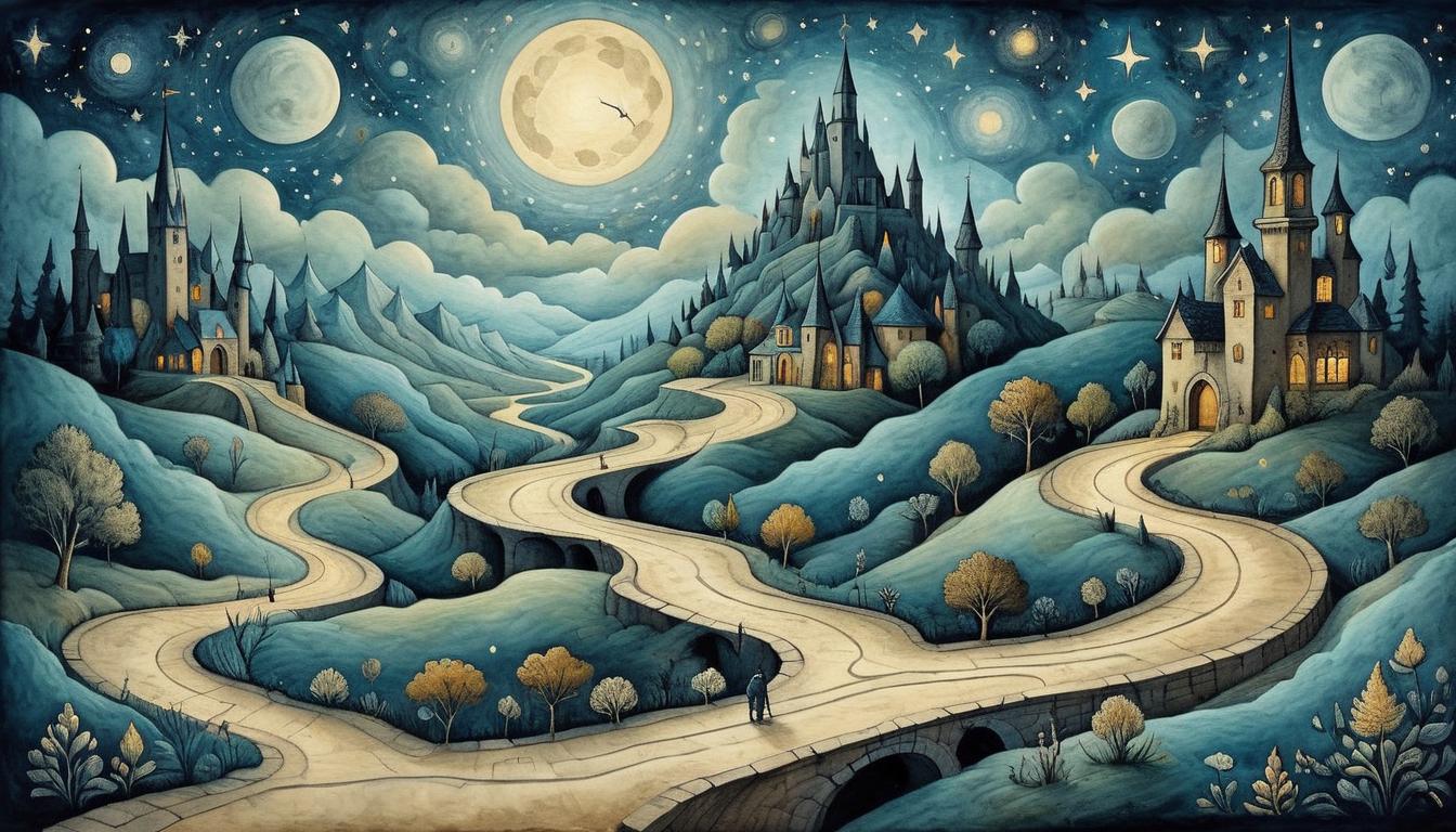  on parchment, surrealism+++, Diverging roads under a starlit sky, each path unique with different textures and features, representing diverse choices, freedom, individuality, boundless potential(mysterious, provocative, symbolic,muted color)+++