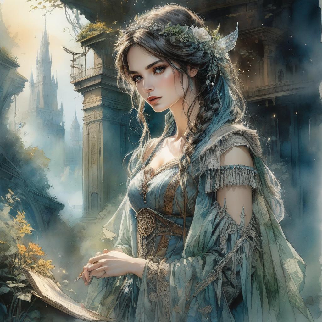  fairy tale by Albert Robida and Alice Pasquini and Luis Royo, watercolour masterpiece, Digital watercolor Illustration Waterhouse, Carne Griffiths, Minjae Lee, Ana Paula Hoppe, Stylized watercolor art, Intricate, Complex contrast, soft Cinematic Volumetric lighting, seasonal colors, perfect wide long shot visual masterpiece . magical, fantastical, enchanting, storybook style, highly detailed hyperrealistic, full body, detailed clothing, highly detailed, cinematic lighting, stunningly beautiful, intricate, sharp focus, f/1. 8, 85mm, (centered image composition), (professionally color graded), ((bright soft diffused light)), volumetric fog, trending on instagram, trending on tumblr, HDR 4K, 8K