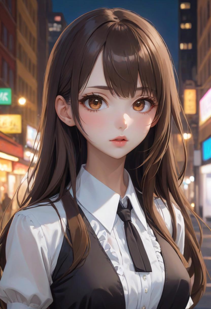  anime artwork beautiful , , oblique bangs, a mole under the lower lip in the middle of the chin. white skinned, European, brown eyes, long brown straight hair, side bangs, mole under the lower lip, slender figure, small neat s, dressed in a black dress with a white collar and white cuffs, full length, against the backdrop of a modern city. Skyscrs of Moscow City (photorealism, oil painting: 1.3), (full length shot: 1.3), charming , long flowing black hair, (large sensual mouth: 1.2), plump lips, sparkling brown eyes , narrow waist, (sensual drawing: 1.2), silvery glow, ethereal aura, detailed brushwork, intricate shadows and highlights, mysterious and captivating expression, unique color palette, masterf hyperrealistic, full body, detailed clothing, highly detailed, cinematic lighting, stunningly beautiful, intricate, sharp focus, f/1. 8, 85mm, (centered image composition), (professionally color graded), ((bright soft diffused light)), volumetric fog, trending on instagram, trending on tumblr, HDR 4K, 8K