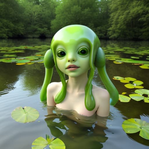  Portrait of my waifu cute innocent green slimy alien, whimsical pond