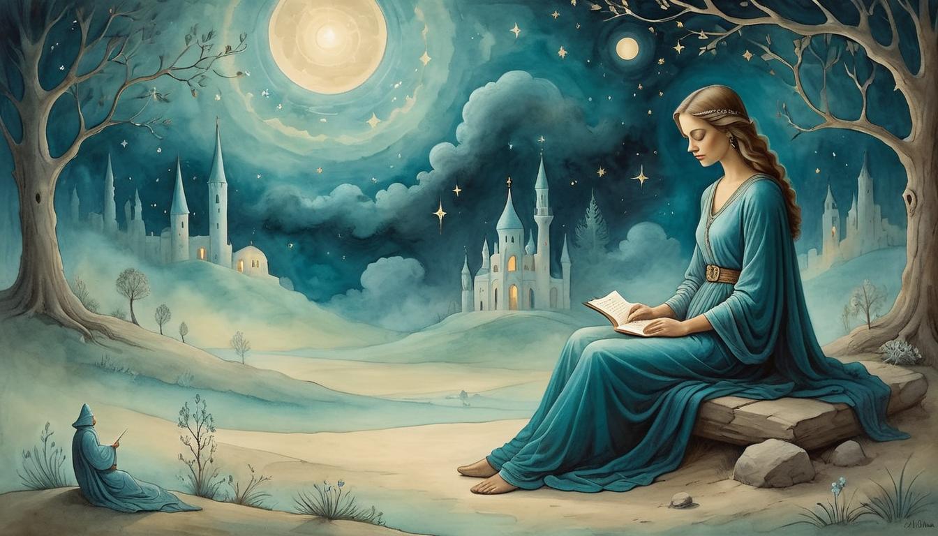  on parchment, surrealism+++, Figure in stillness, serene night atmosphere, soft ambient light, peaceful setting, aura of openness, receptive to spiritual messages, quiet moments(mysterious, provocative, symbolic,muted color)+++