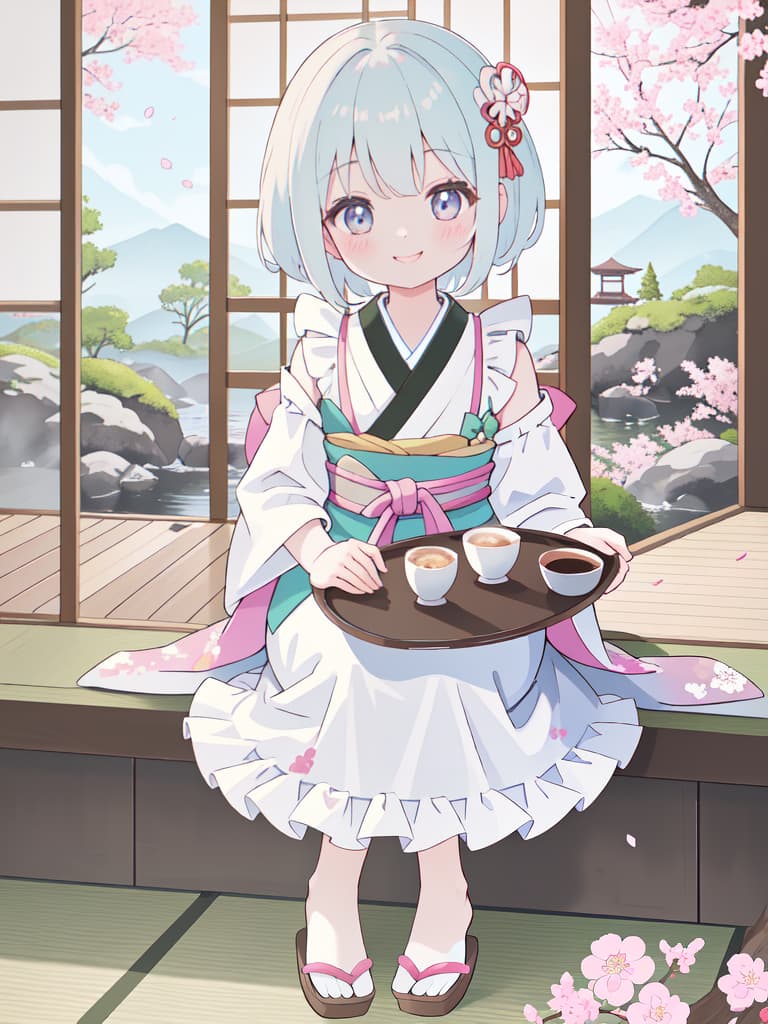  Japanese Painting Style, FRILL APRON, BARE SHOULDER, CARRY A TRAY, HAPPY SMILE, Japanese Cafe, Best Quality: 1.4, ULTRA DETALED EXTURE, Raw PhotOREALISTIC, Absurd Resolution, 8k Illustration, 💩, 💩, 💩, 💩, 💩, 💩,, masterpiece, best quality,8k,ultra detailed,high resolution,an extremely delicate and beautiful,hyper detail