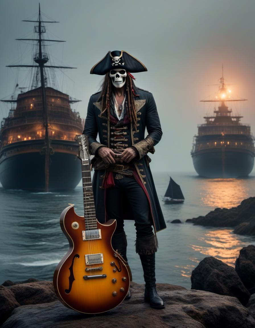  horror themed ual, , hostess, pirate, large s, electric guitar, in front of the sea, small ships . eerie, unsettling, dark, spooky, suspenseful, grim, highly detailed hyperrealistic, full body, detailed clothing, highly detailed, cinematic lighting, stunningly beautiful, intricate, sharp focus, f/1. 8, 85mm, (centered image composition), (professionally color graded), ((bright soft diffused light)), volumetric fog, trending on instagram, trending on tumblr, HDR 4K, 8K