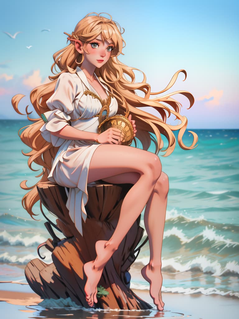  award winning, professional, highly detailed, breathtaking sea nymph, lyre stringed harp, sitting, rock, ocean spray, ocean storm, driftwood, toga, angelic, sea front view, , , photorealistic, raw photo, (1girl, looking at viewer), long hair, blond, oasis, barefoot, eyeshadow, witch, maiden, songstress, fins, translucent white toga, bikini, intricate dress, delicate wood filigree, intricate filigree, pearl metalic parts, detailed part, dynamic pose, detailed background, dynamic lighting,(textured skin:1.3)