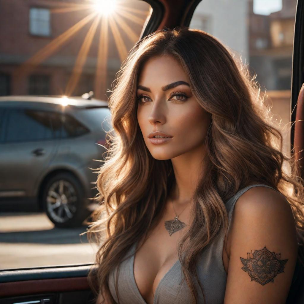  A visualization of the description of a woman in a vehicle with long wavy hair, a tattoo on her shoulder, sitting and looking at the camera with sunlight shining through the window, casting warm tones and shadows across her face. hyperrealistic, full body, detailed clothing, highly detailed, cinematic lighting, stunningly beautiful, intricate, sharp focus, f/1. 8, 85mm, (centered image composition), (professionally color graded), ((bright soft diffused light)), volumetric fog, trending on instagram, trending on tumblr, HDR 4K, 8K