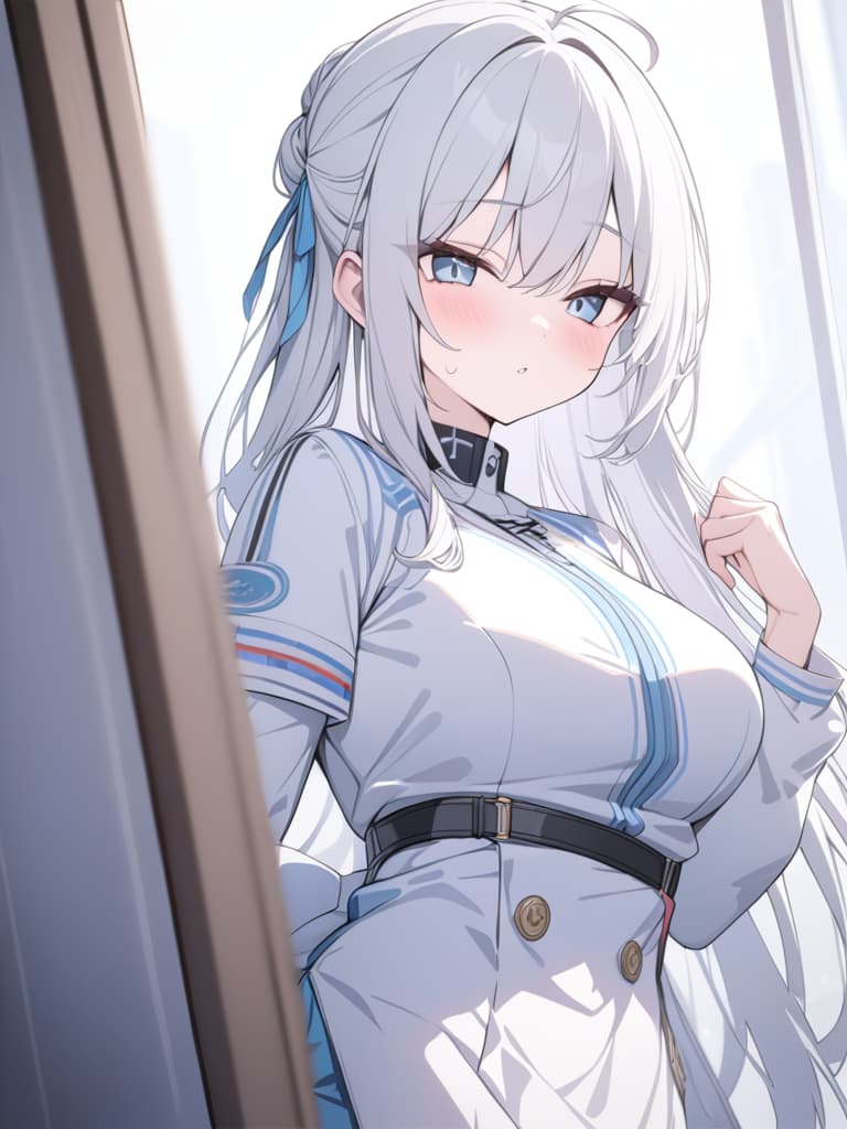  Cute, subculture, jersey, moe sleeves, white hair, light blue, masterpiece, best quality,8k,ultra detailed,high resolution,an extremely delicate and beautiful,hyper detail