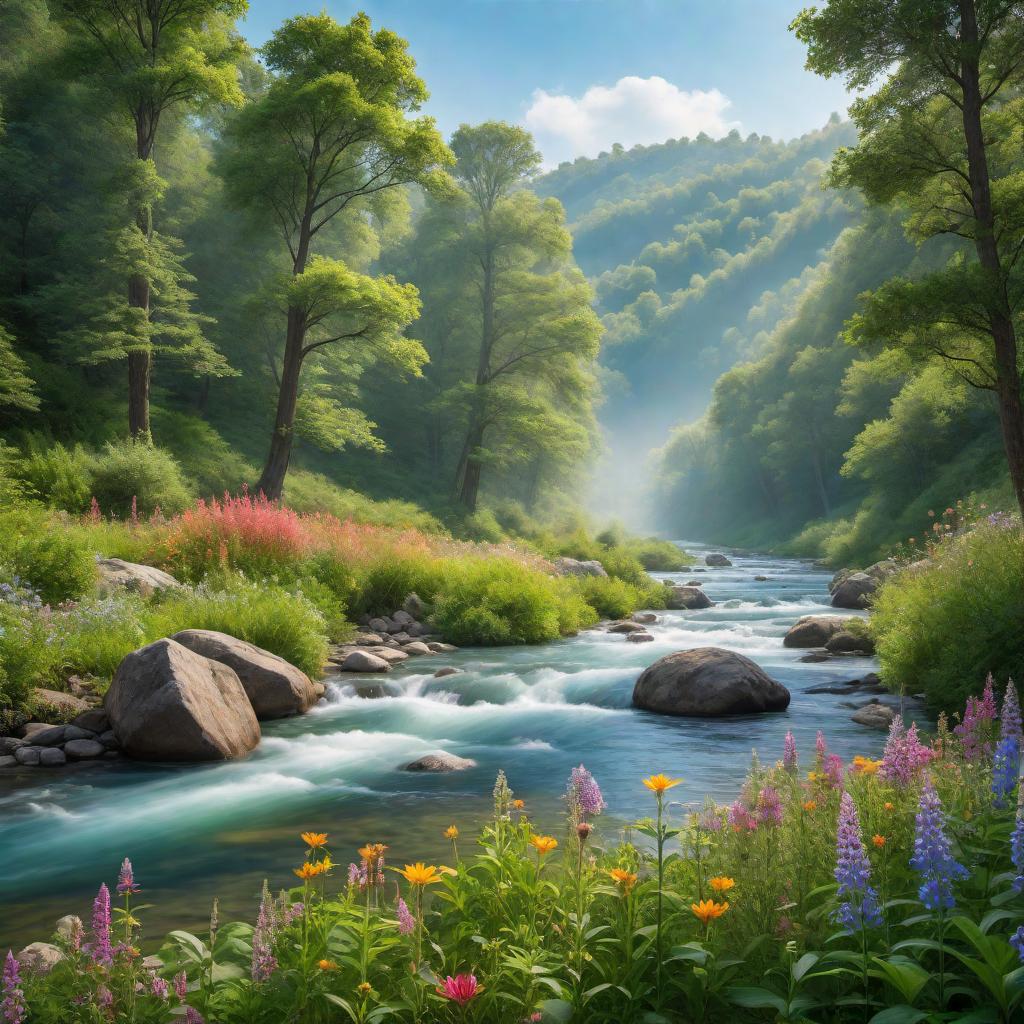  Create an artistic representation of a serene landscape with lush greenery, a peaceful river flowing through, and a clear blue sky above. Include colorful wildflowers and gentle wildlife in the scene to add a sense of tranquility and harmony. hyperrealistic, full body, detailed clothing, highly detailed, cinematic lighting, stunningly beautiful, intricate, sharp focus, f/1. 8, 85mm, (centered image composition), (professionally color graded), ((bright soft diffused light)), volumetric fog, trending on instagram, trending on tumblr, HDR 4K, 8K