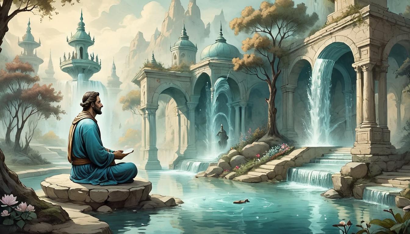  on parchment, surrealism+++, A person meditating near a flowing fountain, symbols of wisdom drifting around, calm setting, sense of inner peace, inspiration flowing(mysterious, provocative, symbolic,muted color)+++