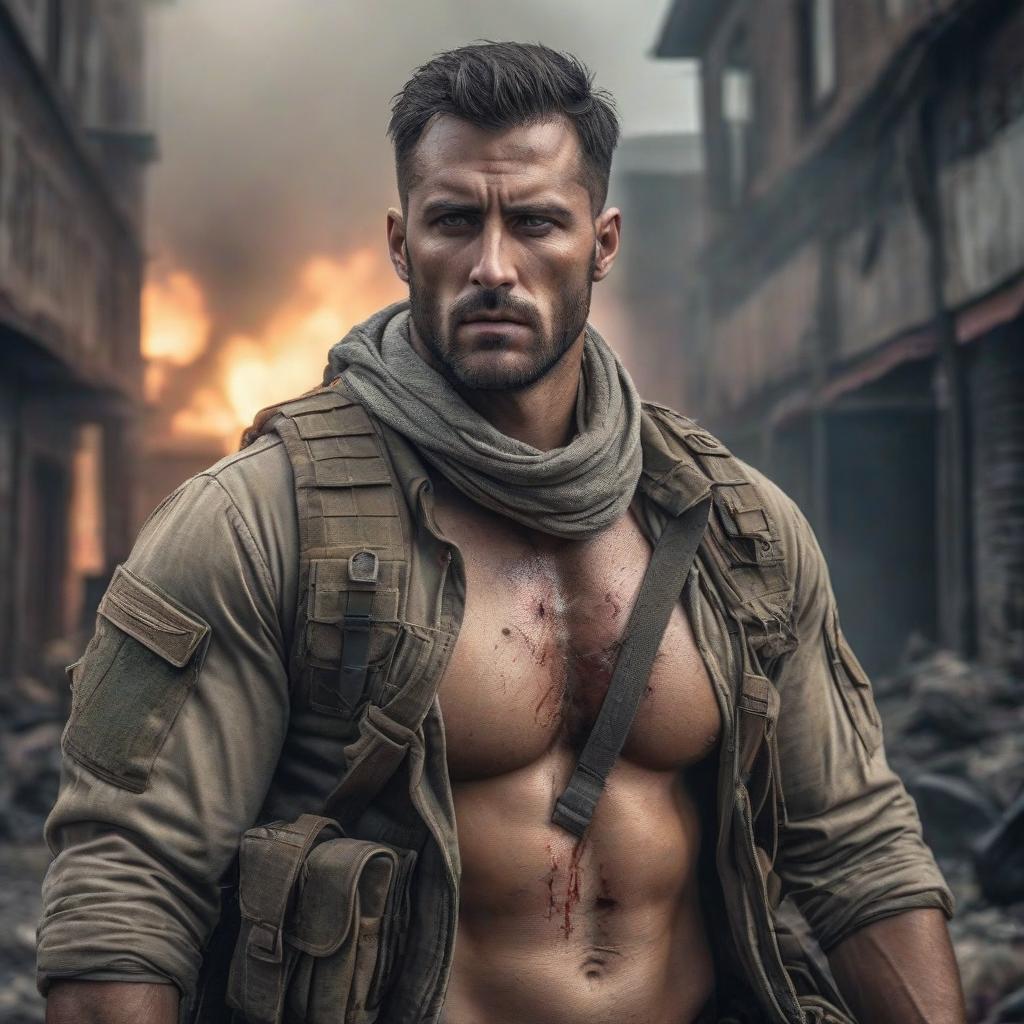  A wounded soldier with a huge bare chest, a threatening, staring eye. hyperrealistic, full body, detailed clothing, highly detailed, cinematic lighting, stunningly beautiful, intricate, sharp focus, f/1. 8, 85mm, (centered image composition), (professionally color graded), ((bright soft diffused light)), volumetric fog, trending on instagram, trending on tumblr, HDR 4K, 8K