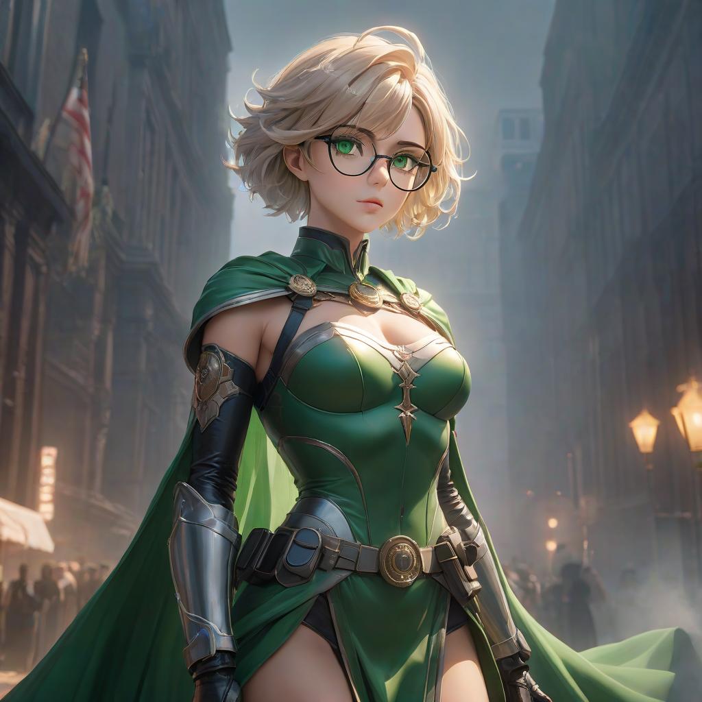  The goddess of justice and order and rigor. Short light hair, green eyes, glasses. hyperrealistic, full body, detailed clothing, highly detailed, cinematic lighting, stunningly beautiful, intricate, sharp focus, f/1. 8, 85mm, (centered image composition), (professionally color graded), ((bright soft diffused light)), volumetric fog, trending on instagram, trending on tumblr, HDR 4K, 8K