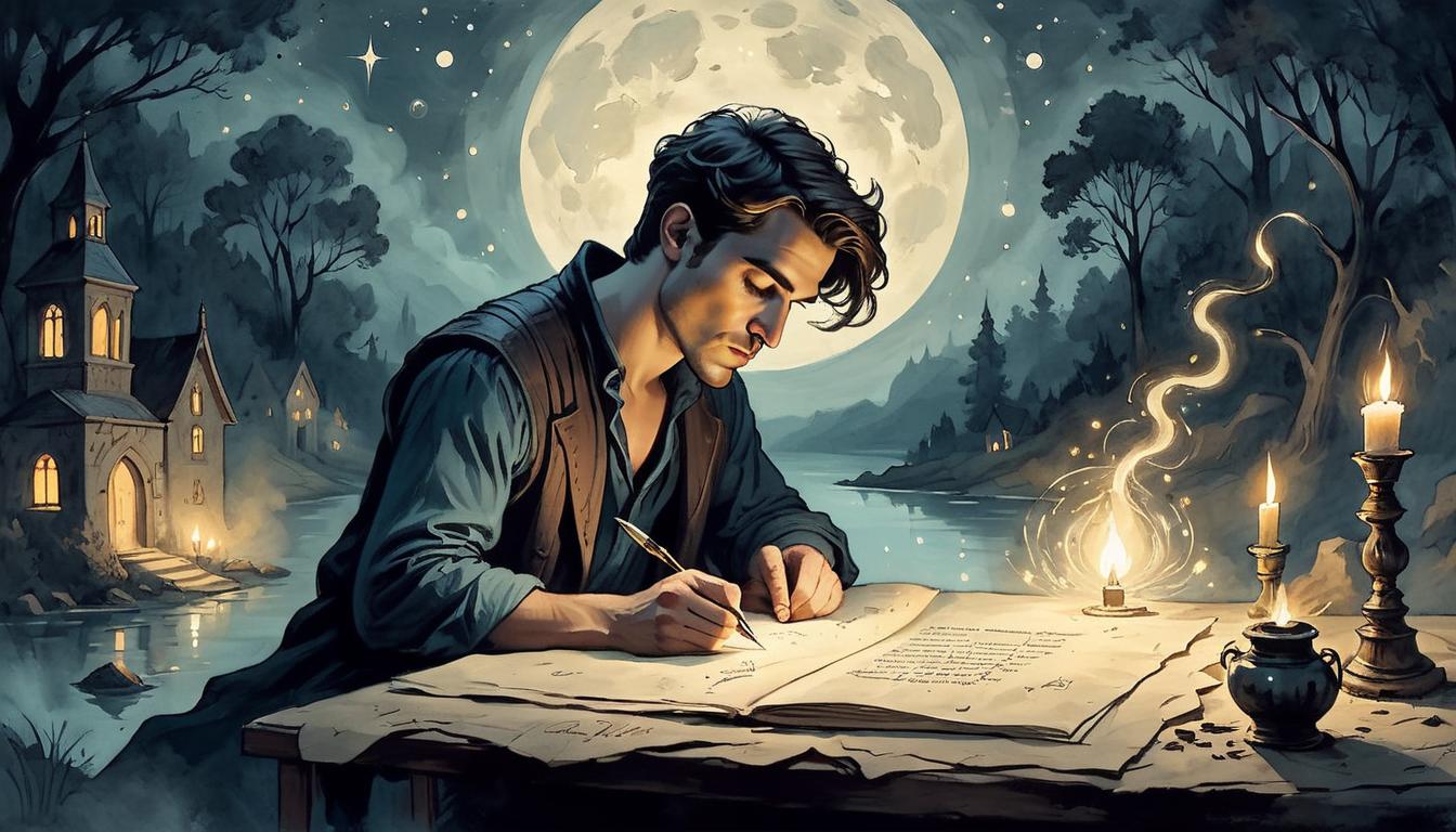  on parchment, surrealism+++, Artist in inspiration, night time setting, soft creative light, sparks of inspiration around, serene surroundings, thoughtful pose, tool scattered(mysterious, provocative, symbolic,muted color)+++