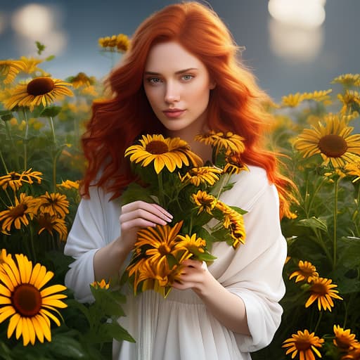  A girl with red hair on a white background, a girl is holding yellow black eyed susans (Rudbeckia hirta) in her hands, a photograph., Photorealistic, Hyperrealistic, Hyperdetailed, analog style, demure, detailed skin, pores, smirk, smiling eyes, matte skin, soft lighting, subsurface scattering, realistic, heavy shadow, masterpiece, best quality, ultra realistic, 8k, golden ratio, Intricate, High Detail, film photography, soft focus hyperrealistic, full body, detailed clothing, highly detailed, cinematic lighting, stunningly beautiful, intricate, sharp focus, f/1. 8, 85mm, (centered image composition), (professionally color graded), ((bright soft diffused light)), volumetric fog, trending on instagram, trending on tumblr, HDR 4K, 8K