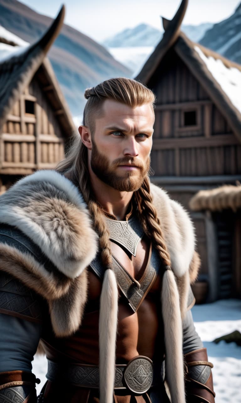  Viking berserker, age 20, looks into the frame, intricate details, fur, Viking clothing, background of a medieval Viking village, winter, hyperrealism, complexity, watercolor airbrush. in Skyrim style. in the frame from the waist up. hyperrealistic, full body, detailed clothing, highly detailed, cinematic lighting, stunningly beautiful, intricate, sharp focus, f/1. 8, 85mm, (centered image composition), (professionally color graded), ((bright soft diffused light)), volumetric fog, trending on instagram, trending on tumblr, HDR 4K, 8K