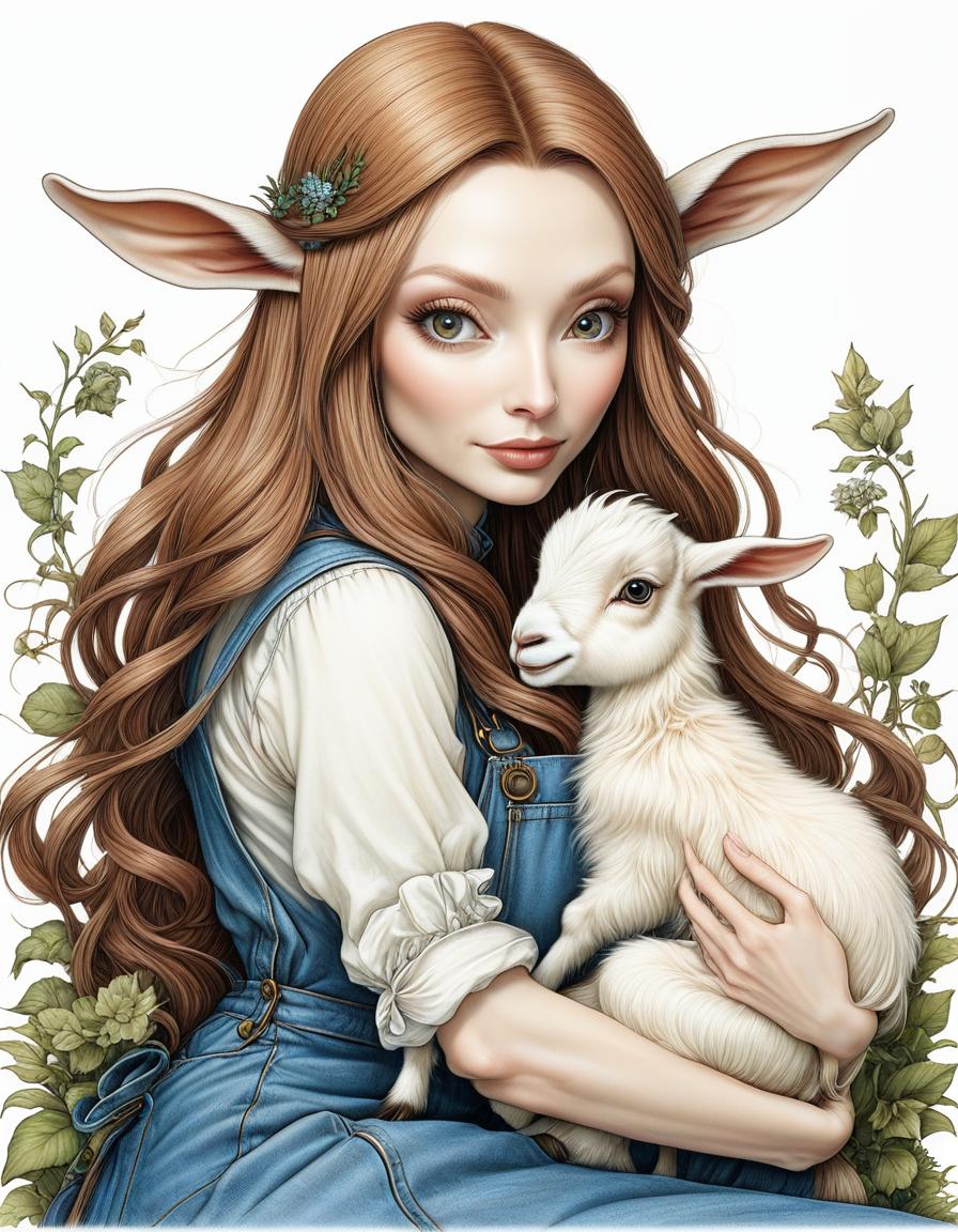  Naoto Hattori, (Wendy Froud), ((coloring style)), sticker, black lines on a white background, { Fairytale girl in Tilda Doll style with long hair, denim overalls, sitting next to and hugging a cute baby goat)) }, drawing with black marker on a white background , mysticism, fairy tale, fantasy, good detail, good drawing, cartoon style, clear contours, attractiveness, Graciela Rodo Boulanger, Bill Pocket, (Wendy Froud) hyperrealistic, full body, detailed clothing, highly detailed, cinematic lighting, stunningly beautiful, intricate, sharp focus, f/1. 8, 85mm, (centered image composition), (professionally color graded), ((bright soft diffused light)), volumetric fog, trending on instagram, trending on tumblr, HDR 4K, 8K