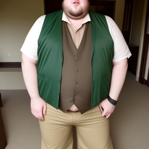  Tall fat guy with skinny legs no neck long scagaly hair big nose green eyes with freckles wearing underpants vest with no shirt and cowboy boots