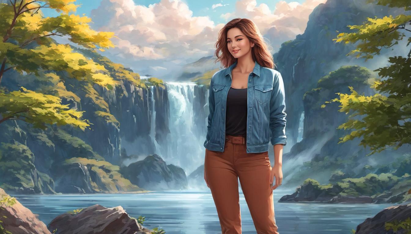  digital illustration, 1woman, standing tall, head held high, soft smile, background of a serene, peaceful setting, wearing casual attire, sense of self worth and confidence, looking at viewer, dynamic pose, (intricate details, masterpiece, best quality)