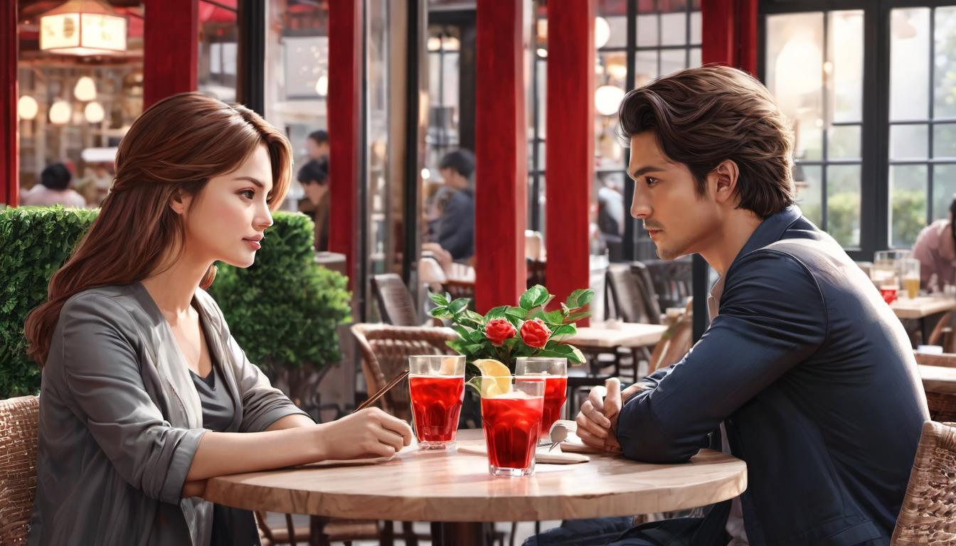  digital illustration, 1man, 1woman, sitting face to face at a cozy cafe table, serious expressions, she lays down a red flag on the table, candid, clarifying, looking at viewer, dynamic pose, (intricate details, masterpiece, best quality)