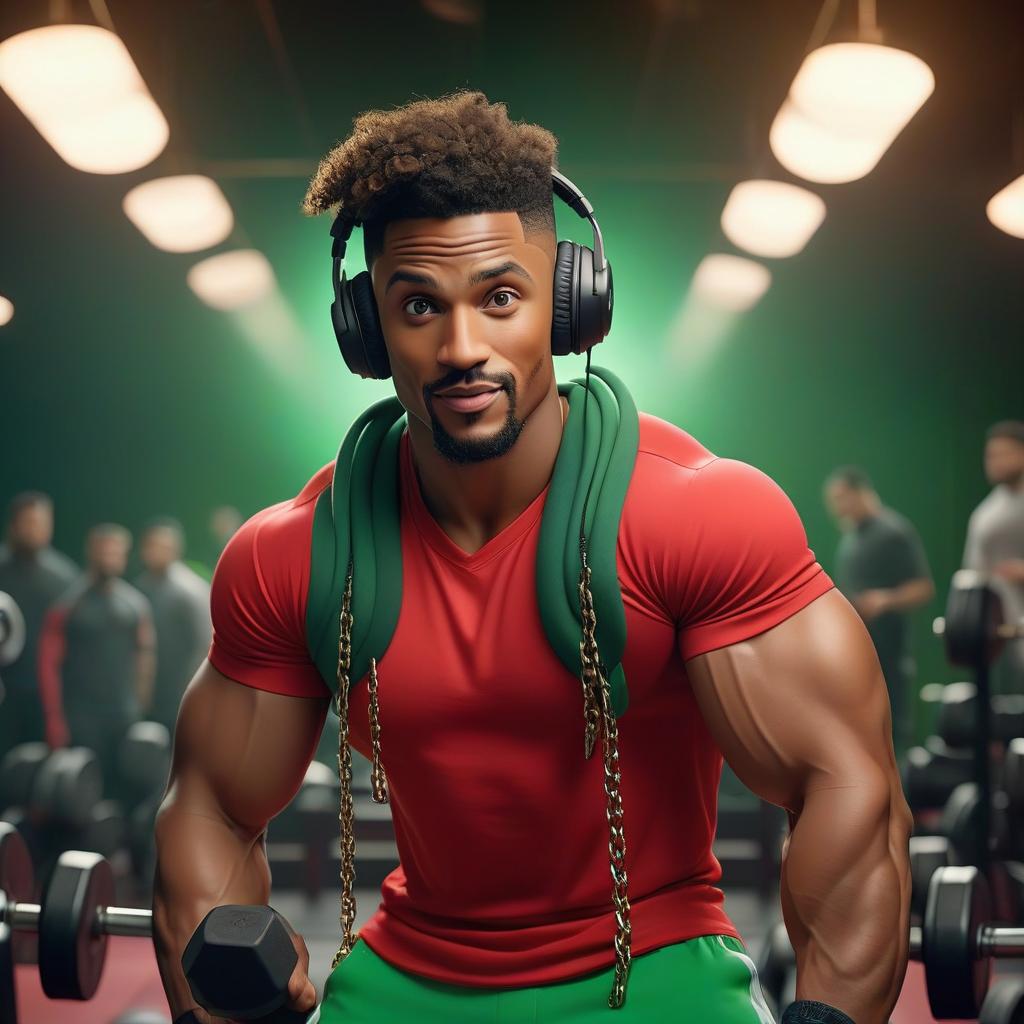  cinematic film still The gym is decorated in the style of a platform for rap battle. handsome sporty funny smiling man, curly, lifts dumbbells, in the gym, in a red basketball player's jersey with the number 10, wide green knee length shorts, beautiful photo, beautiful light, movement around, rap battle atmosphere, green smoke, a lot of large chains, with a cap on his head, headphones in the ears . shallow depth of field, vignette, highly detailed, high budget, bokeh, cinemascope, moody, epic, gorgeous, film grain, grainy hyperrealistic, full body, detailed clothing, highly detailed, cinematic lighting, stunningly beautiful, intricate, sharp focus, f/1. 8, 85mm, (centered image composition), (professionally color graded), ((bright soft diffused light)), volumetric fog, trending on instagram, trending on tumblr, HDR 4K, 8K