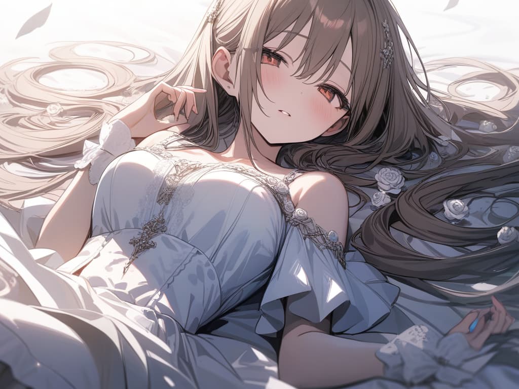  Girl, hair color beige, gothic fashion with many red, white frills, many white roses, white roses, stars, fleeting, light, twin tails, lying down, lying down, masterpiece, best quality,8k,ultra detailed,high resolution,an extremely delicate and beautiful,hyper detail