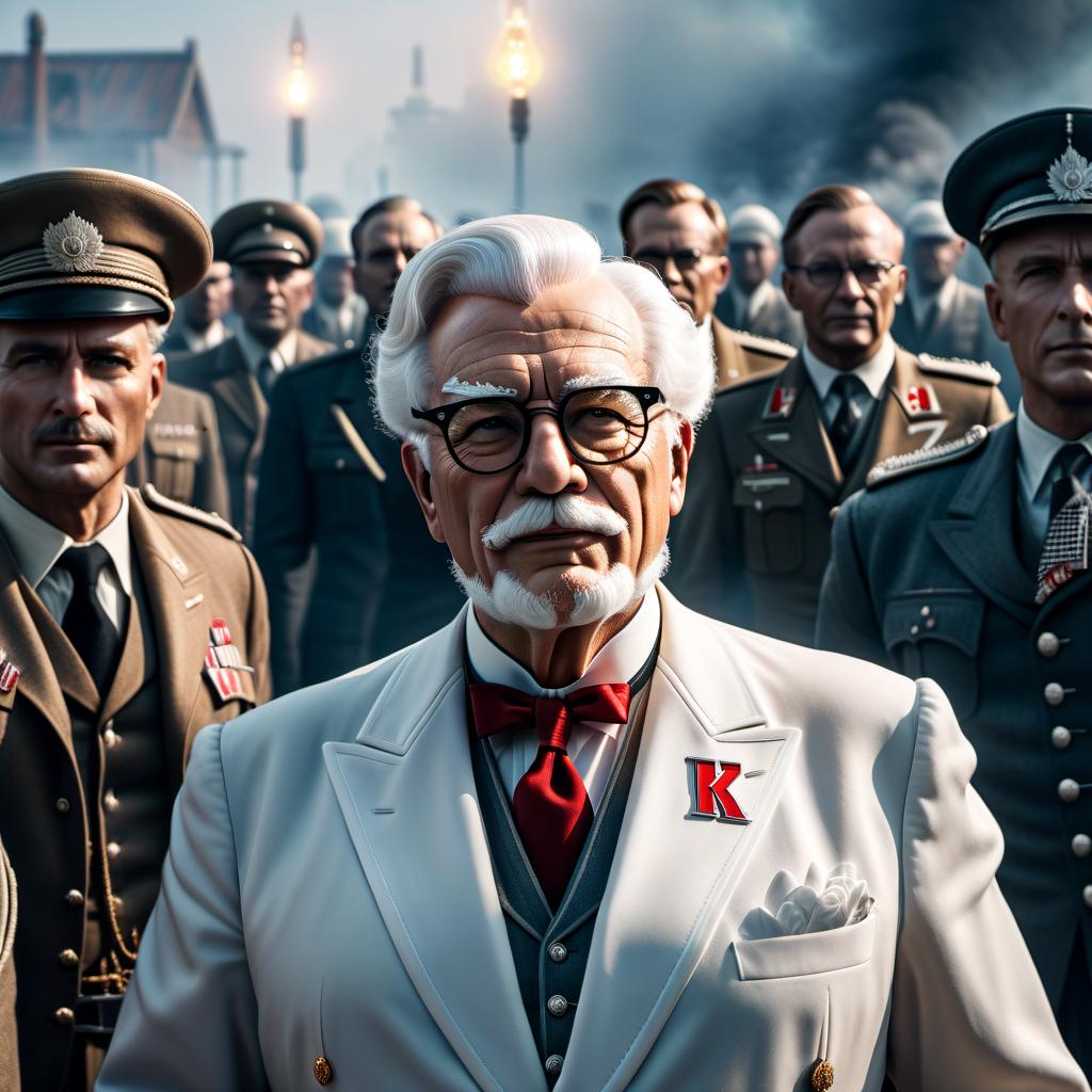  Portrait of the leading political role playing game world crisis 1942, a man who is like the secret government of the world, Colonel Sanders kfc hyperrealistic, full body, detailed clothing, highly detailed, cinematic lighting, stunningly beautiful, intricate, sharp focus, f/1. 8, 85mm, (centered image composition), (professionally color graded), ((bright soft diffused light)), volumetric fog, trending on instagram, trending on tumblr, HDR 4K, 8K