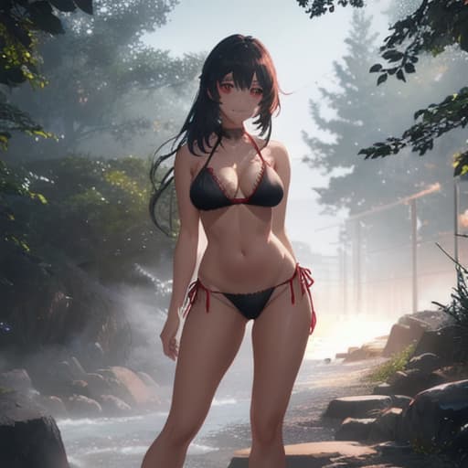   1girl, solo, anime named Emi, black long hair, in a park, wearing red bikini, looking at the viewer, red eyes, smiling. hyperrealistic, full body, detailed clothing, highly detailed, cinematic lighting, stunningly beautiful, intricate, sharp focus, f/1. 8, 85mm, (centered image composition), (professionally color graded), ((bright soft diffused light)), volumetric fog, trending on instagram, trending on tumblr, HDR 4K, 8K