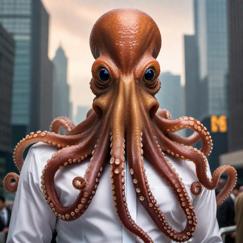  An octopus with the distinct features of Donald Trump, including his recognizable hairstyle and facial expression. The octopus should be depicted in a somewhat humorous and surreal manner, combining Trump's characteristics with the natural appearance of an octopus. The background can be simple to emphasize the unique creature. hyperrealistic, full body, detailed clothing, highly detailed, cinematic lighting, stunningly beautiful, intricate, sharp focus, f/1. 8, 85mm, (centered image composition), (professionally color graded), ((bright soft diffused light)), volumetric fog, trending on instagram, trending on tumblr, HDR 4K, 8K