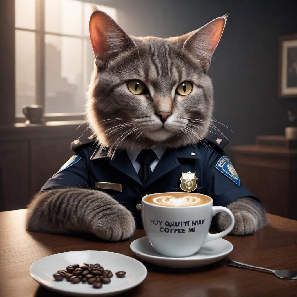  There is a meme with a cat with a very human-like appearance, dressed in a police uniform, sitting at a table. The cat is holding a handgun and a coffee mug. There’s a caption at the top that says 'I HAVEN'T HAD MY COFFEE YET' and at the bottom 'DON'T PURRR-SUE ME'. It plays on the phrase 'don't pursue me' with a humorous twist, replacing 'pursue' with 'purr-sue,' referencing the sound that cats make. hyperrealistic, full body, detailed clothing, highly detailed, cinematic lighting, stunningly beautiful, intricate, sharp focus, f/1. 8, 85mm, (centered image composition), (professionally color graded), ((bright soft diffused light)), volumetric fog, trending on instagram, trending on tumblr, HDR 4K, 8K