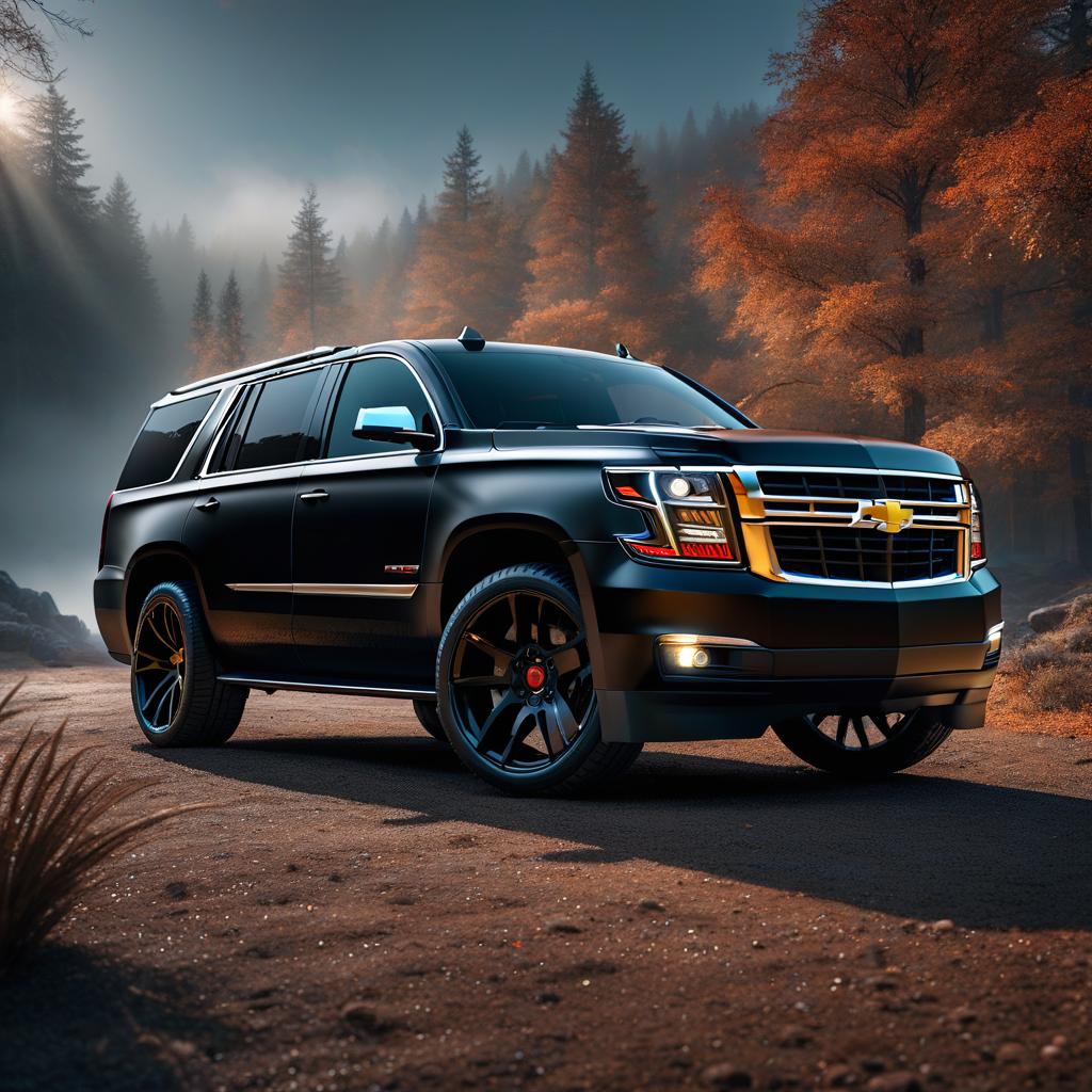  brutal black Chevrolet Tahoe LM 002 hyperrealistic, full body, detailed clothing, highly detailed, cinematic lighting, stunningly beautiful, intricate, sharp focus, f/1. 8, 85mm, (centered image composition), (professionally color graded), ((bright soft diffused light)), volumetric fog, trending on instagram, trending on tumblr, HDR 4K, 8K