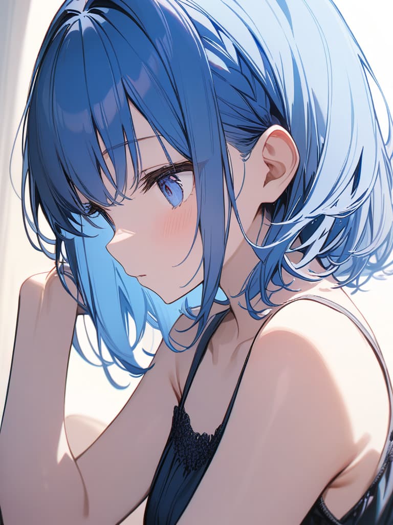  Cute, delicate, blue hair, blue eyes, blueberry, bob hair, young face, camisole, masterpiece, best quality,8k,ultra detailed,high resolution,an extremely delicate and beautiful,hyper detail