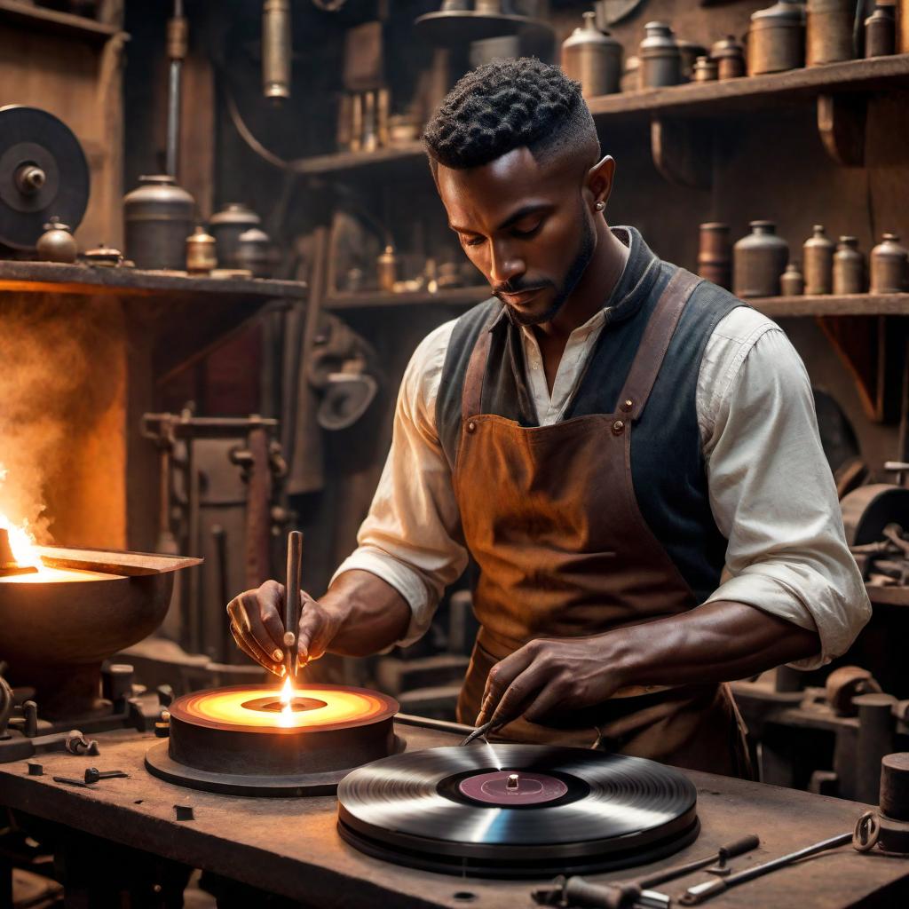  A small dark-skinned elf working at a forge, meticulously crafting a vinyl record as if it is a precious artifact. The setting is a blend of a traditional blacksmith workshop with vintage 70s elements. The elf is focused and determined, surrounded by the warm glow of the forge and scattered tools. The record glimmers in his hands, signifying its importance. Elements of smoke, sparks, and a sense of craftsmanship are evident, capturing the blend of fantasy and vintage detail. hyperrealistic, full body, detailed clothing, highly detailed, cinematic lighting, stunningly beautiful, intricate, sharp focus, f/1. 8, 85mm, (centered image composition), (professionally color graded), ((bright soft diffused light)), volumetric fog, trending on instagram, trending on tumblr, HDR 4K, 8K