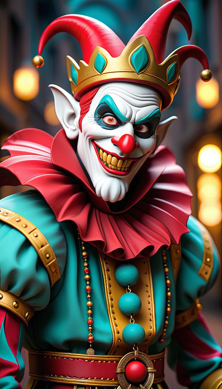  Professional 3D model of a sinister jester in a dark carnival. Dark, mysterious, scary, haunting, dramatic, ornate, detailed. . Rendered with Octane, the model is highly detailed,dramatic lighting. hyperrealistic, full body, detailed clothing, highly detailed, cinematic lighting, stunningly beautiful, intricate, sharp focus, f/1. 8, 85mm, (centered image composition), (professionally color graded), ((bright soft diffused light)), volumetric fog, trending on instagram, trending on tumblr, HDR 4K, 8K