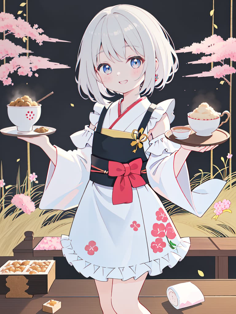  Japanese Painting Style, FRILL APRON, BARE SHOULDER, CARRY A TRAY, HAPPY SMILE, Japanese Cafe, Best Quality: 1.4, ULTRA DETALED EXTURE, Raw PhotOREALISTIC, Absurd Resolution, 8k Illustration, 💩, 💩, 💩, 💩, 💩, 💩,, masterpiece, best quality,8k,ultra detailed,high resolution,an extremely delicate and beautiful,hyper detail