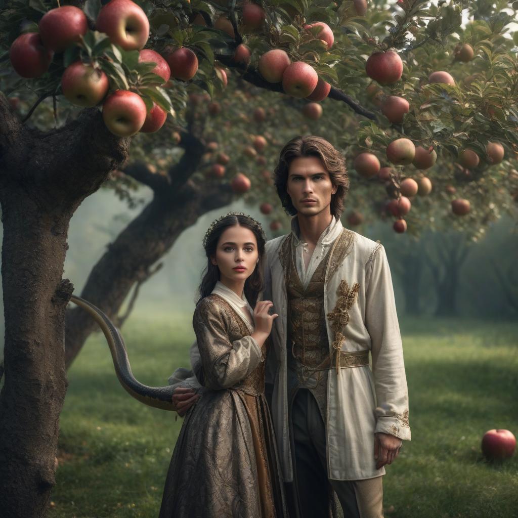  The girl and the boy are standing under an apple tree. A serpent is hanging above them. hyperrealistic, full body, detailed clothing, highly detailed, cinematic lighting, stunningly beautiful, intricate, sharp focus, f/1. 8, 85mm, (centered image composition), (professionally color graded), ((bright soft diffused light)), volumetric fog, trending on instagram, trending on tumblr, HDR 4K, 8K