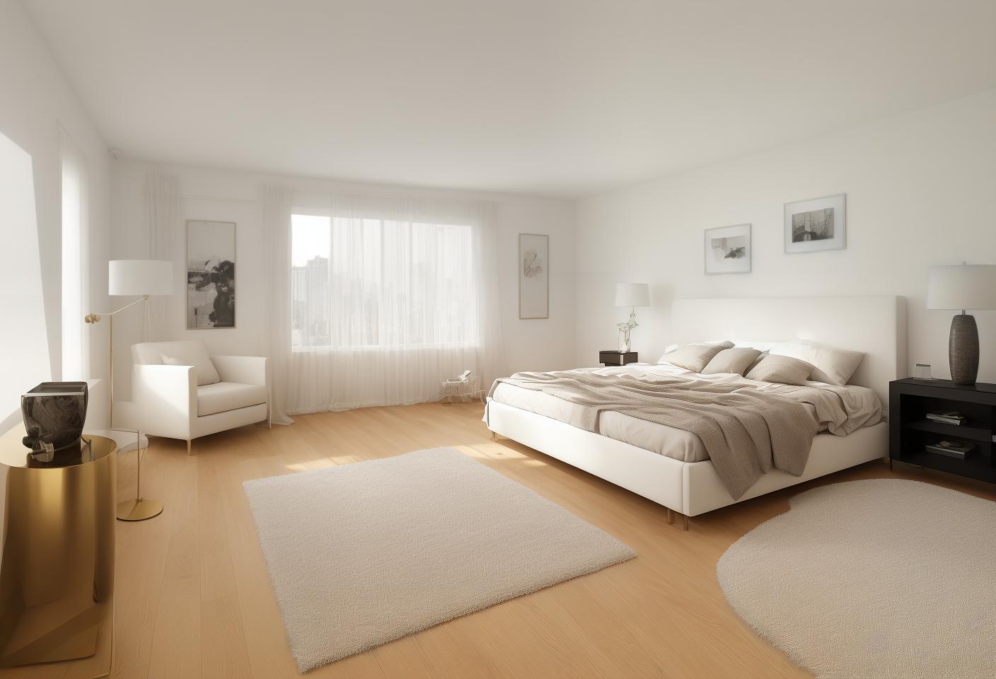  Bed Room, Peaceful, cozy, relaxation, sleep, comfort The room in the image reflects a modern art gallery theme, blending minimalist furniture with bold and abstract wall art. Modern art gallery themed living room with a sleek white sofa, abstract wall art, golden floor lamp, and minimalist furniture. modern art, gallery theme, minimalist furniture, abstract wall art, sleek white sofa, golden floor lamp, living room