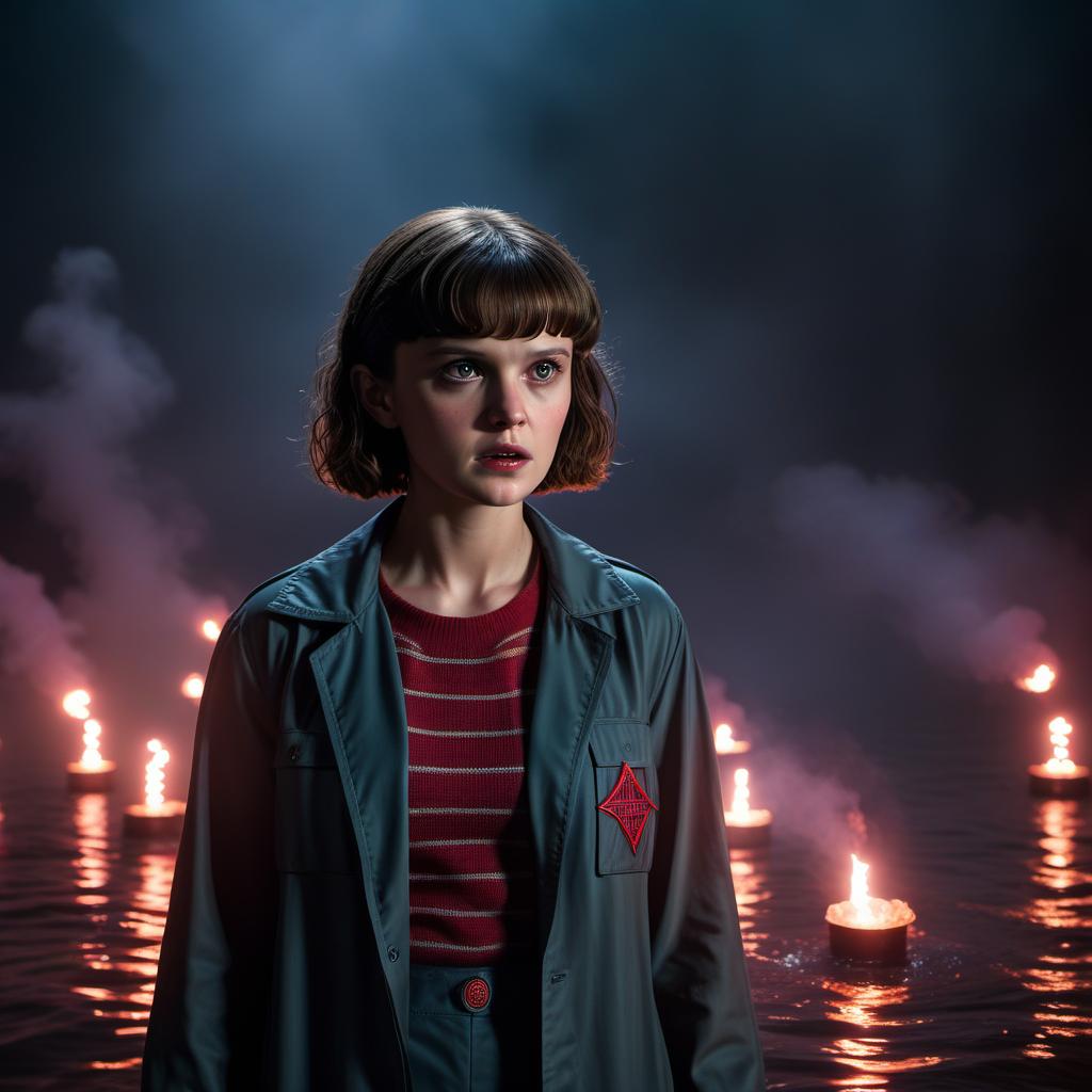  Eleven from Stranger Things using her psychic powers. She is seen with a nosebleed, her eyes focused and intense, as she uses her telekinetic abilities to lift or manipulate objects around her. The background features a dark, eerie setting typical of the show, with some flashing lights and a sense of supernatural atmosphere. hyperrealistic, full body, detailed clothing, highly detailed, cinematic lighting, stunningly beautiful, intricate, sharp focus, f/1. 8, 85mm, (centered image composition), (professionally color graded), ((bright soft diffused light)), volumetric fog, trending on instagram, trending on tumblr, HDR 4K, 8K