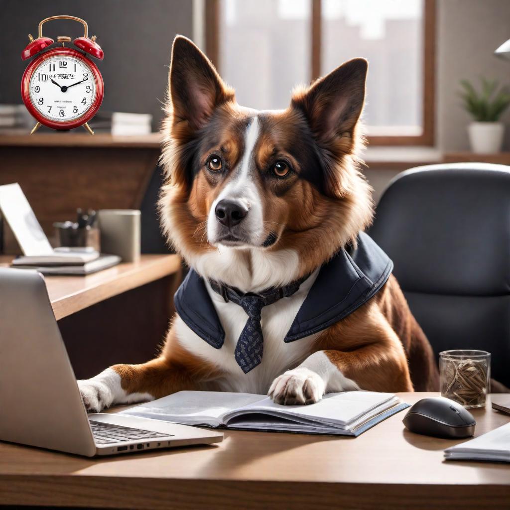  A meme featuring a dog sitting at a desk cluttered with paperwork and a computer. The dog has an expression of panic and is looking at a clock showing 9:05 AM. The caption at the top says, 'Texts boss: Running late...' and at the bottom, 'Got caught on a reservation at the dog park.' hyperrealistic, full body, detailed clothing, highly detailed, cinematic lighting, stunningly beautiful, intricate, sharp focus, f/1. 8, 85mm, (centered image composition), (professionally color graded), ((bright soft diffused light)), volumetric fog, trending on instagram, trending on tumblr, HDR 4K, 8K