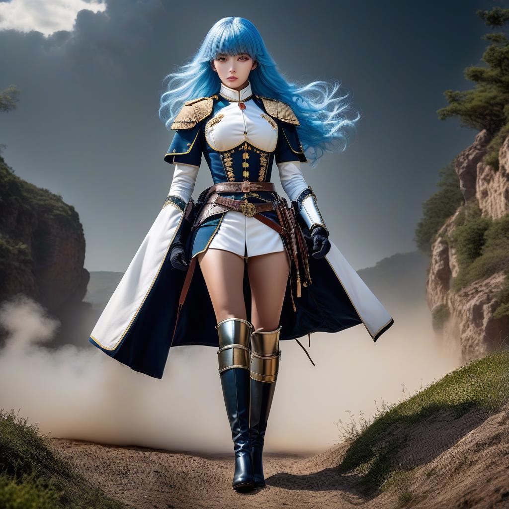  Girl, female cuirassier, shot from below, ((full body)), ((foot focus)), feet, blue hair, ((horse tail)), bright yellow eyes, glowing eyes, hourglass figure, fully clothed, military uniform, (19th century ceremonial uniform), (cuirass), white clothes, white cloak, ((white leggings )), riding pants, black boots, over the knee boots, thigh high boots, tight boots, belt, choker, awards, (posing), looking at viewer, (extremely hyper detailed face), (masterpiece : 1.4), (perfect eyes: 1.1), (perfect hands), 2D, anime, extremely detailed clothes. hyperrealistic, full body, detailed clothing, highly detailed, cinematic lighting, stunningly beautiful, intricate, sharp focus, f/1. 8, 85mm, (centered image composition), (professionally color graded), ((bright soft diffused light)), volumetric fog, trending on instagram, trending on tumblr, HDR 4K, 8K