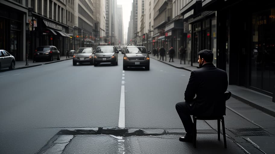  (dark shot:1.4), 80mm, A man is sitting on a chair with his back facing the middle of the road, looking at the mirror in front of him. There is another world in the mirror. People are walking past him on both sides of the street, but they don't pay attention to him. First person perspective, man with his back to you, people walking by him., soft light, sharp, exposure blend, medium shot, bokeh, (hdr:1.4), high contrast, (cinematic, teal and orange:0.85), (muted colors, dim colors, soothing tones:1.3), low saturation, (hyperdetailed:1.2), (noir:0.4) hyperrealistic, full body, detailed clothing, highly detailed, cinematic lighting, stunningly beautiful, intricate, sharp focus, f/1. 8, 85mm, (centered image composition), (professionally color graded), ((bright soft diffused light)), volumetric fog, trending on instagram, trending on tumblr, HDR 4K, 8K