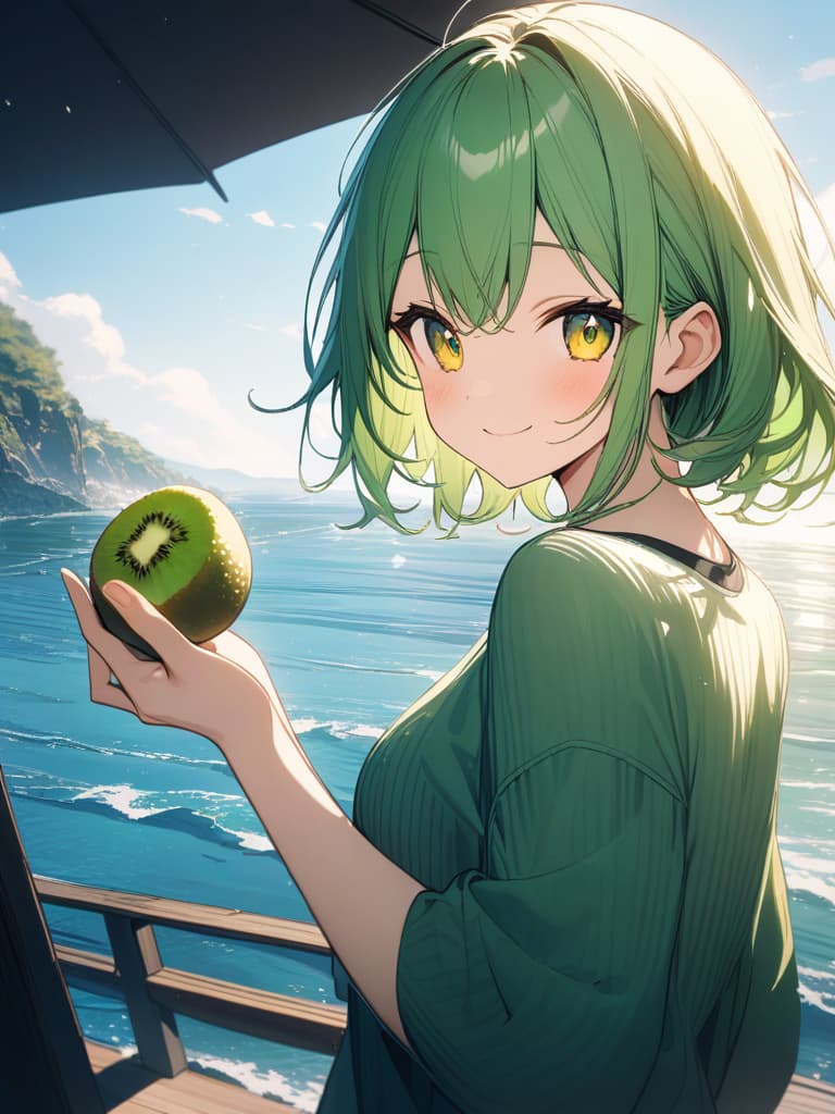  Cute, , big eyes, smiles, smile, yellow green hair color, yellow green eyes, sea, beautiful scenery, water splash, , , kiwi eating, back, masterpiece, best quality,8k,ultra detailed,high resolution,an extremely delicate and beautiful,hyper detail