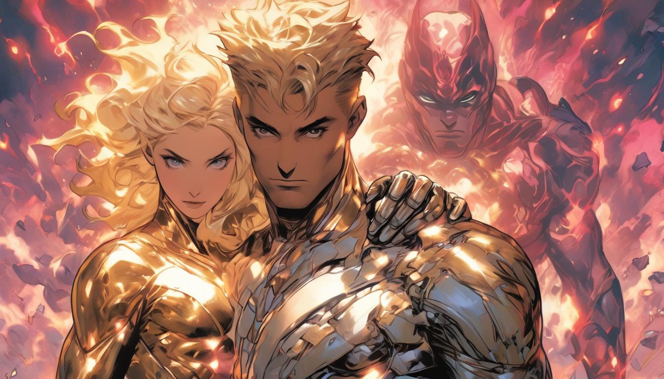  hyperrealism,fantasy aesthetic1man1woman, large busted attractive blonde arian female humanoid and handsome male humanoid, connected through heart centers, light and love expanding, cosmic unity, high tech clothing clad in sleek, futuristic costume with metallic accents and form fitting designs, marvel superhero comics style, unreal engine rendering