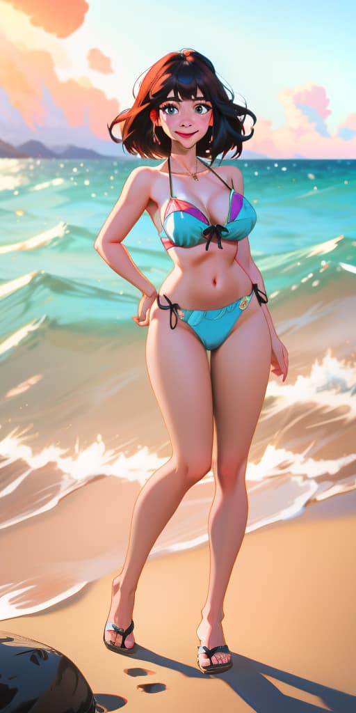  (RAW Capture: 1.2), 32K Picture Quality, Masterpiece, Raw Image, Dramatic Lighting, Tropical Beach, Floral Bikini, (Bust-Up: 1.4), (Masterpiece: 1.3), (Best Picture Quality: 1.4), Beautiful and lovely Japanese Woman, (Kanna Hashimoto) (((big smile))) hyperrealistic, full body, detailed clothing, highly detailed, cinematic lighting, stunningly beautiful, intricate, sharp focus, f/1. 8, 85mm, (centered image composition), (professionally color graded), ((bright soft diffused light)), volumetric fog, trending on instagram, trending on tumblr, HDR 4K, 8K