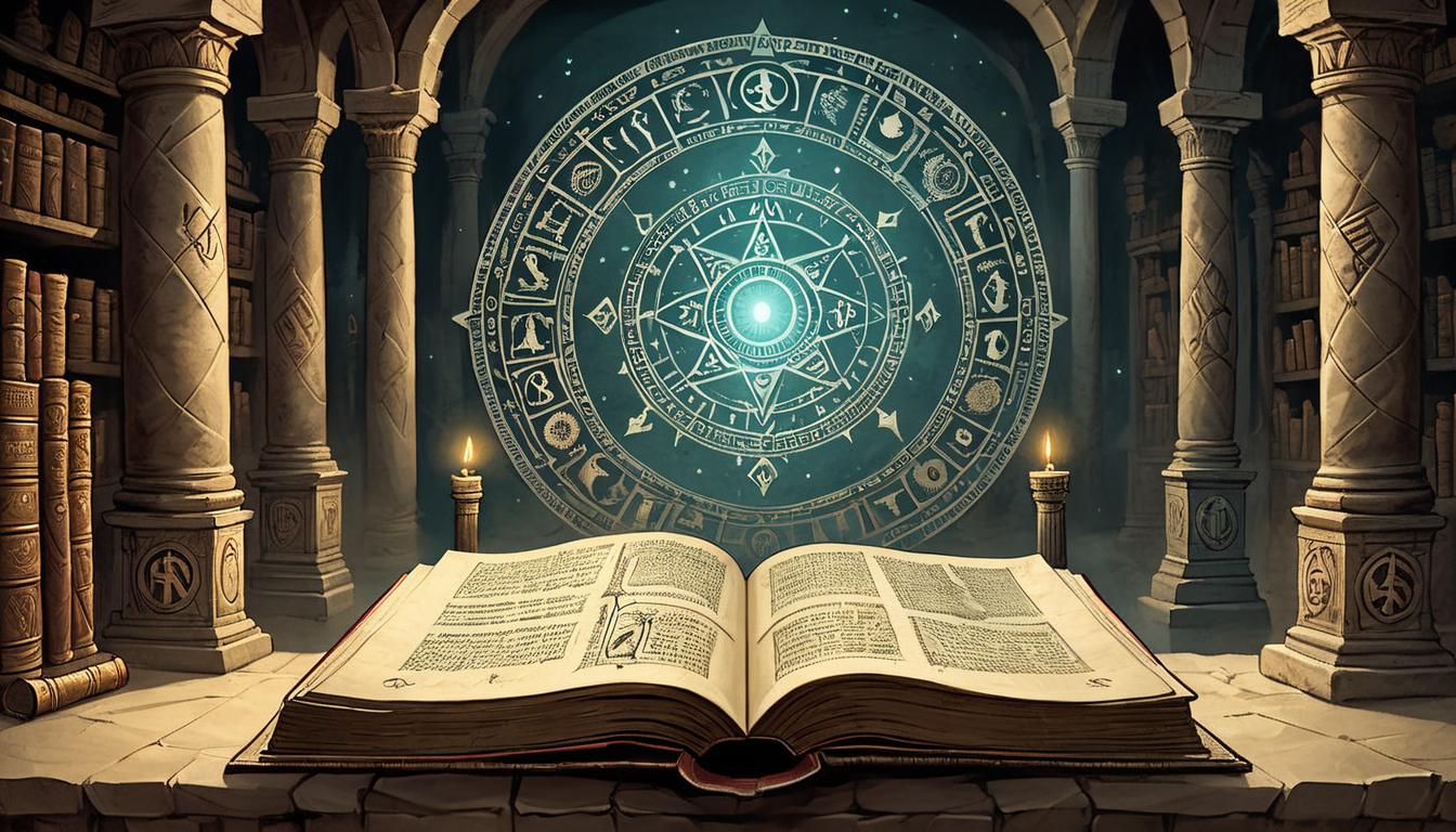  on parchment, surrealism+++, An ancient tome resting on a pedestal, pages slightly open and glowing, surrounded by dim light, ancient symbols in the background, wisdom, careful, enlightened(mysterious, provocative, symbolic,muted color)+++