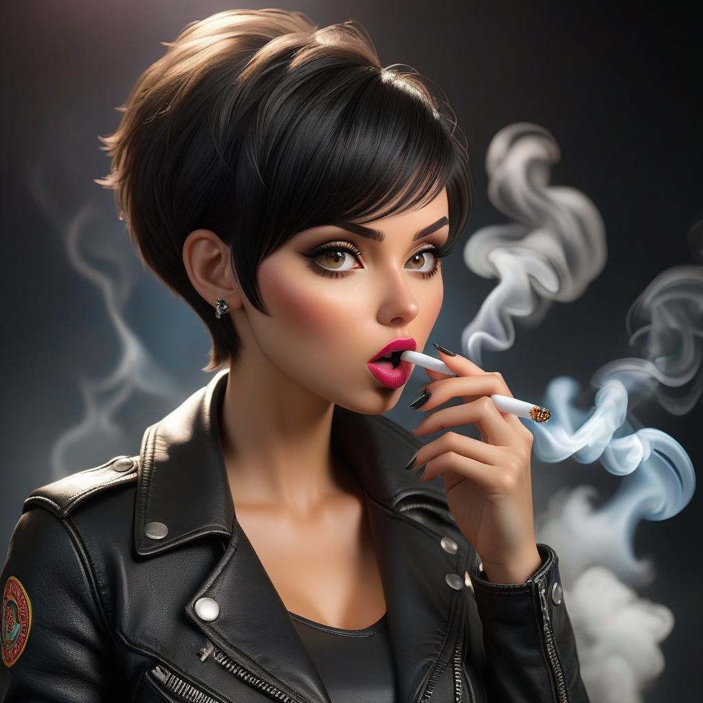  A girl with dark hair, a pixie cut, in a black top and denim shorts, is wearing a black leather jacket, and smoking through her mouth, straight on, with fluorescent lighting. hyperrealistic, full body, detailed clothing, highly detailed, cinematic lighting, stunningly beautiful, intricate, sharp focus, f/1. 8, 85mm, (centered image composition), (professionally color graded), ((bright soft diffused light)), volumetric fog, trending on instagram, trending on tumblr, HDR 4K, 8K