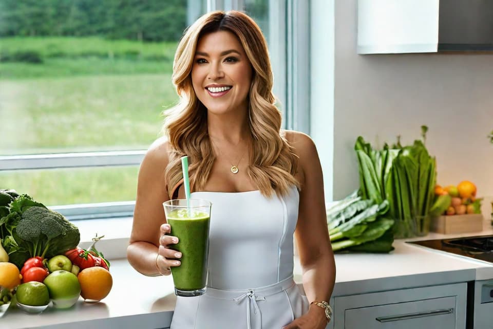  "Close up of a smiling woman (female) in her 30s, holding a fresh green smoothie in a modern kitchen. The background features a clean, well lit kitchen with a bowl of fresh fruits and vegetables on the counter. The woman appears healthy and vibrant, showcasing the positive effects of the Kelly Clarkson diet. The image is realistic, detailed, and uses natural lighting to enhance the wholesome and rejuvenating atmosphere. The focus is on the woman and her healthy lifestyle choice, with no distractions in the background."Ensure no face,leg,hand or eye defomities.Ensure all images are clear, detailed, contains no text and no deformities. realistic, highly detailed, photorealistic, cinematic lighting, intricate, sharp focus, f/1.8, 85mm, (center hyperrealistic, full body, detailed clothing, highly detailed, cinematic lighting, stunningly beautiful, intricate, sharp focus, f/1. 8, 85mm, (centered image composition), (professionally color graded), ((bright soft diffused light)), volumetric fog, trending on instagram, trending on tumblr, HDR 4K, 8K